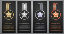 Set Of  Black Banners, Gold , Platinum ,Silver And Bronze Stars, Vector Illustration.