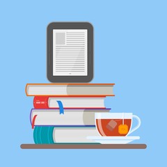 Wall Mural - electronic book concept vector illustration in flat style. stack of books and reader.