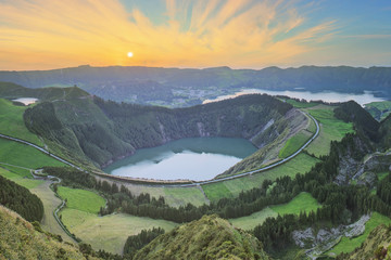 Wall Mural - mountain landscape with hiking trail and view of beautiful lakes, ponta delgada, sao miguel island, 