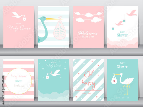 Fotomural Set of baby shower invitations cards,poster,greeting,template,stork,Vector illus