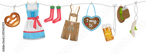 Oktoberfest in München Lebkuchenherz, Dirndl, Bier und Brezel an Leine