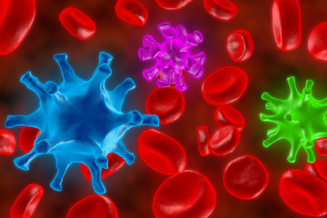 Wall Mural - The red blood cells. 3D render of blood defeat the virus. Red blood cells are fighting the bacteria. Protection of cages of an organism.