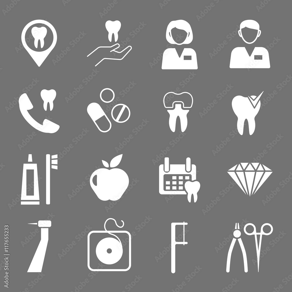 Set of white flat dental icons. Types of dental clinic services ...