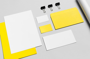 Sticker - Branding / Stationery Mock-Up - Yellow & White - Letterhead (A4), DL Envelope, Compliments Slip (99x210mm), Business Cards (85x55mm), Mailing Tube