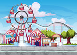 Fototapeta Uliczki - Cartoon vector amusement park with separated layers for game and animation, game design asset
