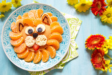 Funny Pancake Lion With Mandarins