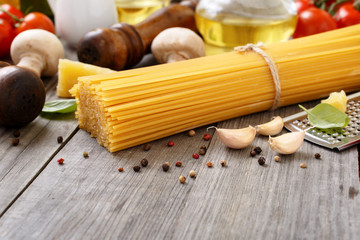 Spaghetti with different ingredients for cooking pasta