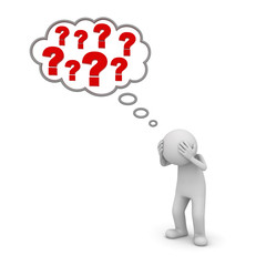 Poster - 3d man standing and thinking with red question marks in thought bubble above his head concept isolated over white background 3D rendering