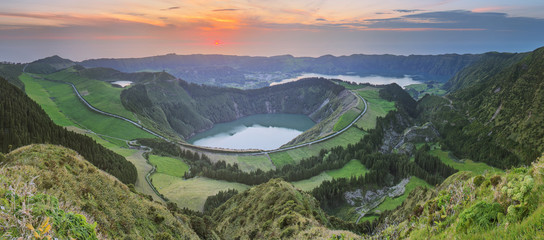 Wall Mural - mountain landscape with hiking trail and view of beautiful lakes, ponta delgada, sao miguel island, 