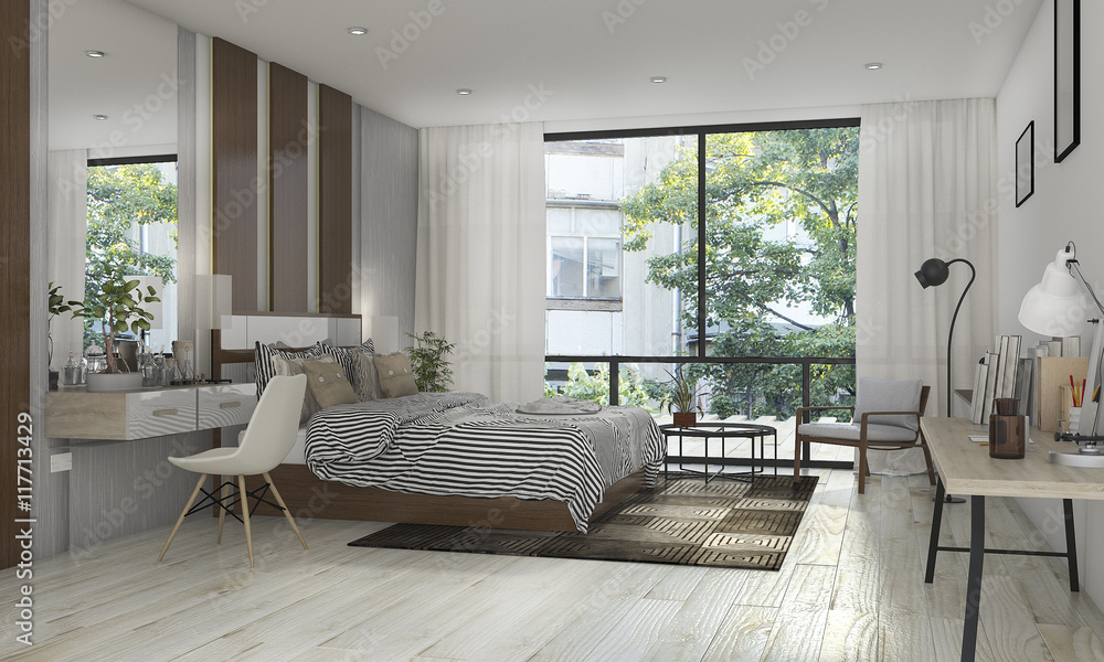 3d rendering beautiful bedroom with nice decoration near terrace - obrazy, fototapety, plakaty 
