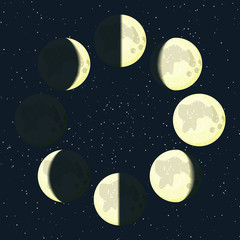 Yellow moon phases vector icons on beautiful starry dark background