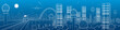 City and transport futuristic panorama, train on the bridge, skyline, tower and skyscrapers, communication technology, white lines landscape, night town, airplane fly, vector design art