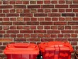 Rote Mülltonnen aus Kunststoff vor rotbrauner Backsteinmauer im Sonnenschein im Gewerbegebiet am alten Hafen am Dortmund-Ems-Kanal in Münster in Westfalen im Münsterland