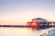 Restaurant At Wooden Pier On The Baltic Sea During Sunrise. Ustronie Morskie, Poland.
