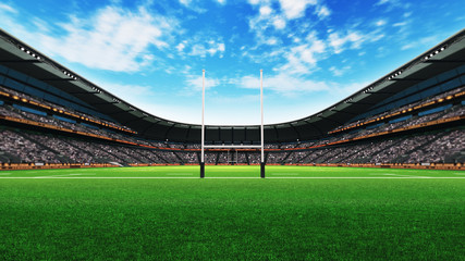 Wall Mural - rugby stadium building with green grass at daylight