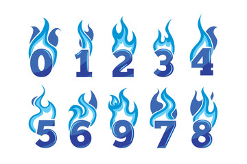 vector cartoon icons set of blue Flaming Numbers