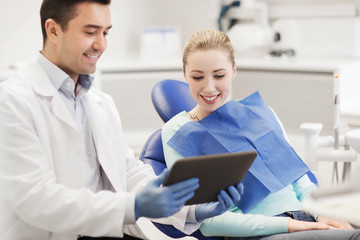 male dentist with tablet pc and woman patient