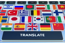 Languages Translation Concept, Online Translator, Close-up View Of Computer Keyboard With National Flags Of World Countries On Keys And Translate Button
