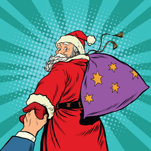 Follow Me, Santa Claus With Gifts New Year Christmas