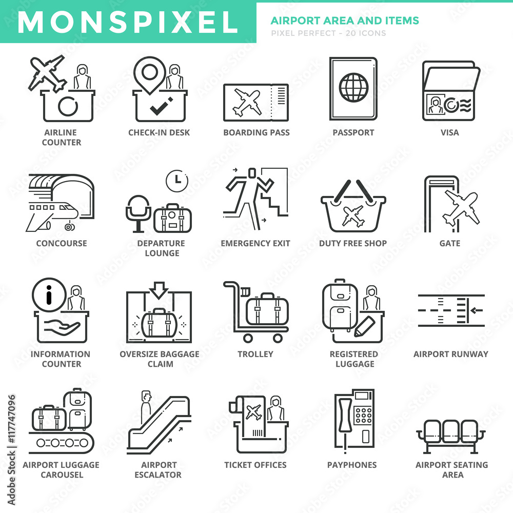 Flat thin line Icons set of Airport Area and Items. Pixel Perfect Icons ...