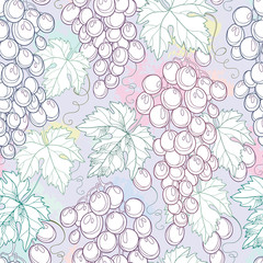 Vector seamless pattern with bunch of grape and grape leaves on the pastel background. Outline design elements for wine and winery. Background with ornate fruits in contour style for summer design.