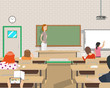 The teacher conducts classes for children in the class but not all children interested in the lesson. Vector illustration

