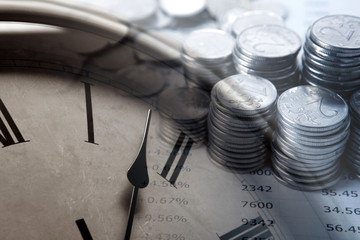 Wall Mural - pile of coins with digits and clock face