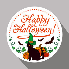 Round label with black cat in witch hat, pumpkin and hand drawn text 