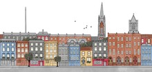 Dublin, Ireland - Seamless Banner Of Dublin's Skyline, Hand Drawn And Digitally Colored Ink Illustration