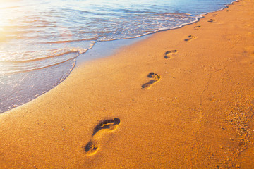 Wall Mural - beach, wave and footprints