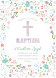 Baptism, Christening, First Communion Card Invitation Template with abstract flowers and cross