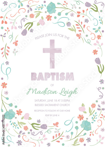 Cuadros en Lienzo Baptism, Christening, First Communion Card Invitation Template with abstract flo