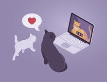 Cats Internet Conversation. 3D Isometric Vector Concept Illustration