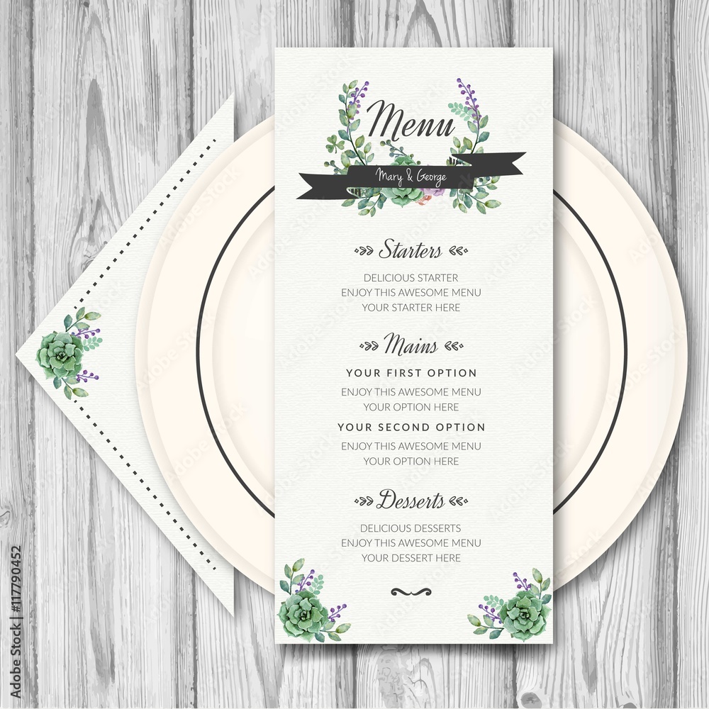 Wedding menu with watercolor flowers - obrazy, fototapety, plakaty 