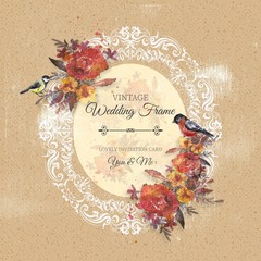 Sticker - Ornamental wedding frame with flowers and birds