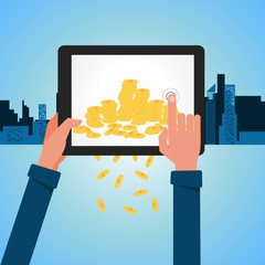 Financial Concept Make Money from internet with tablet. Cartoon Vector Illustration