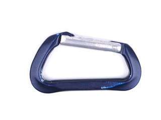 blue climbing carabiners on a white background