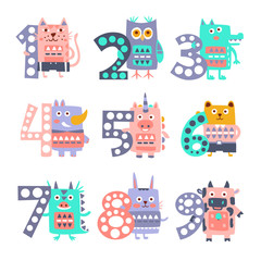 Poster - Stylized Funky Animals Standing Next To Digits Sticker Set