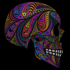 Wall Mural - Colored human skull from various patterns on a black background