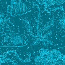 Seamless Pattern With Marine Plants, Coral, Seaweed And Tropical Fish. Collection Of Hand Drawn Marine Flora And Fauna. Vector Illustration 