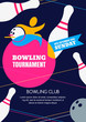 Vector bowling tournament banner, poster or flyer design template. Flat layout background with human silhouette, bowling ball and pins. Abstract illustration.