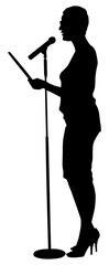 Show host woman speaking on the microphone vector silhouette illustration. Head announces present event. Announcement of the program.