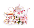 Tea - cup and teapot with flowers. Vintage watercolor design