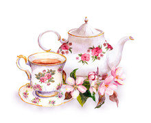 Tea - Cup And Teapot With Flowers. Vintage Watercolor Design