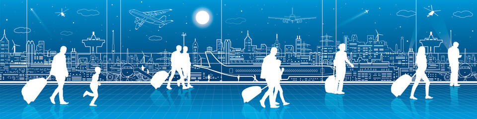 Wall Mural - Airport terminal, aircraft on runway, airplane takeoff, aviation scene, people expect flight, transportation infrastructure on background, vector design art