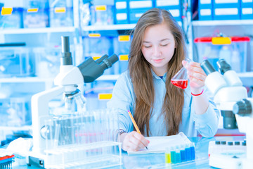 Poster - Teen schoolgirl in chemical klassroom with test tubes