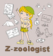 the professions zoologist in alphabetical order cartoon hand drawn outline for coloring adult isolated on the background