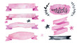 Watercolor vector collection pink ribbons, label, floral elements, stars. Hand drawn watercolor design elements isolated on white background.