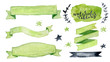 Watercolor vector collection green ribbons, label, floral elements, stars. Hand drawn watercolor design elements isolated on white background.

