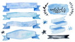 Watercolor vector collection blue ribbons, label, floral elements, stars. Hand drawn watercolor design elements isolated on white background.